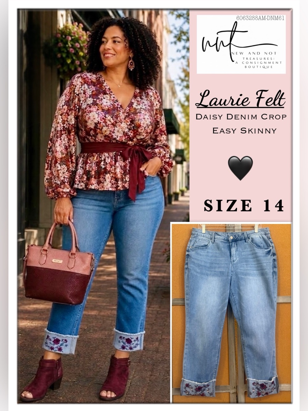 Laurie Felt Daisy Denim Crop Easy Skinny Jeans Size 14 Floral Embroidered Cuff